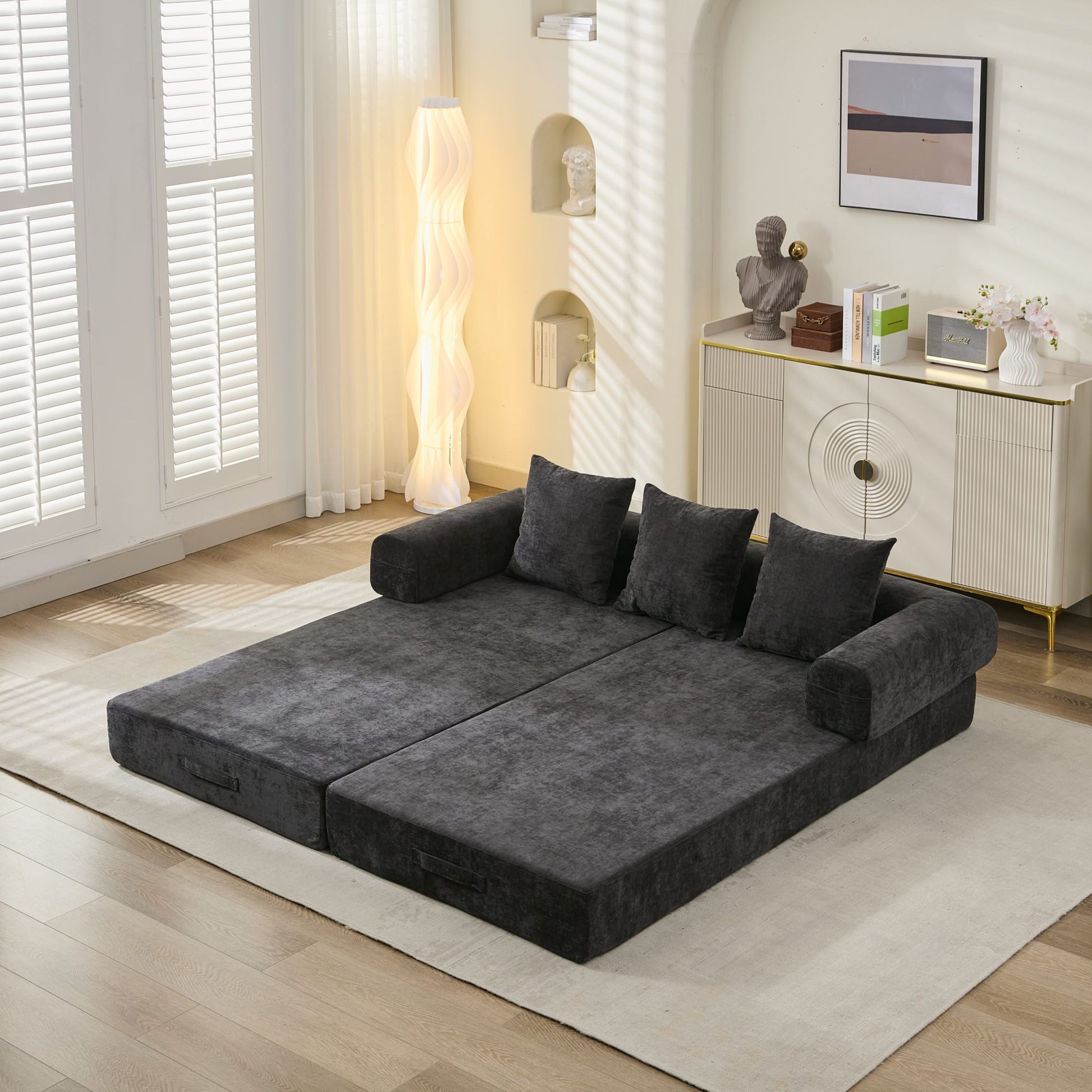 Comfy Convertible Folding Mattress Couch, Floor Sofa Bed, Chenille Floor Sofa with Armrest, Floor Sofa Lounge Couch for Living Room Bedroom Lounge Studio-Black image 2