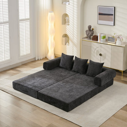 Comfy Convertible Folding Mattress Couch, Floor Sofa Bed, Chenille Floor Sofa with Armrest, Floor Sofa Lounge Couch for Living Room Bedroom Lounge Studio-Black image 2