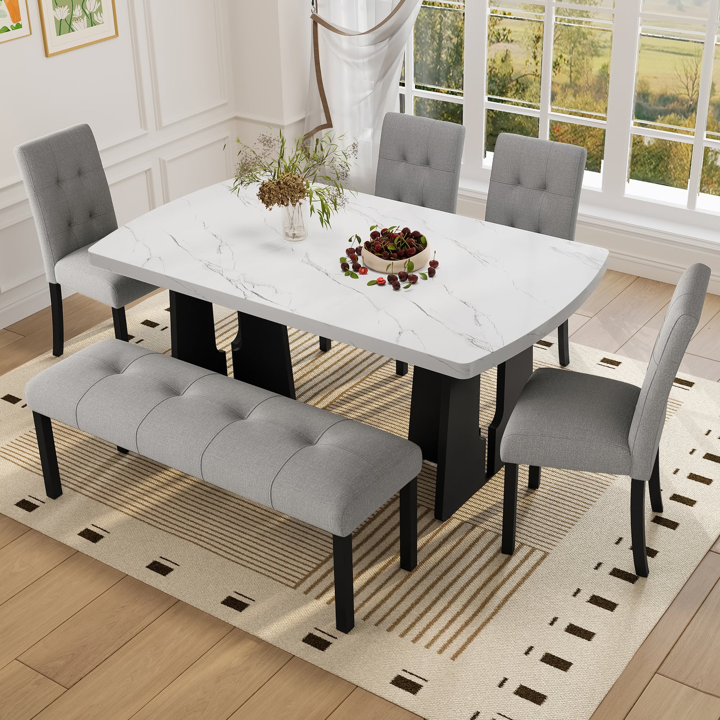 6 Piece Modern Dining Table Set, 63" Faux Marble Dining Table with Geometric Legs & 4 Upholstered Chairs & 1 Bench, Suitable for Dining Kitchen Room,Easy to Assemble, White+Gray image 3