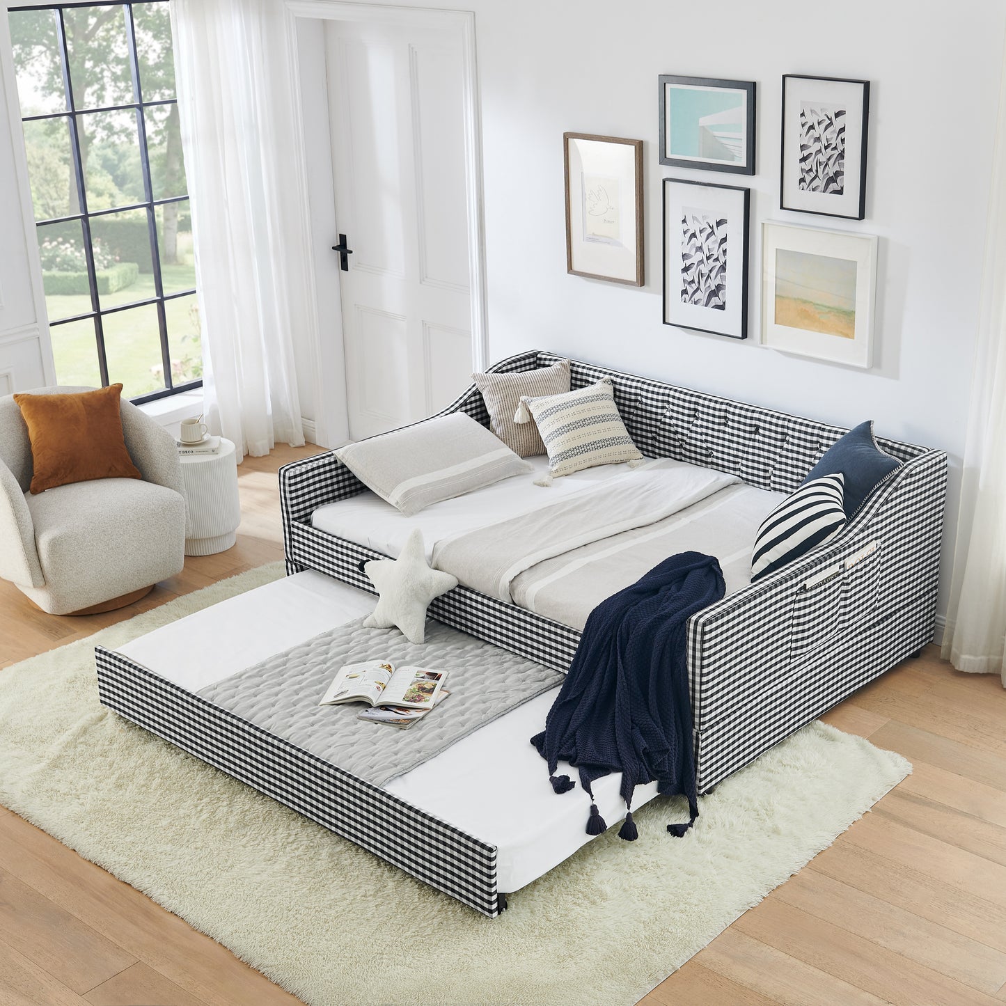 Full‑Size Daybed,Upholstered Convertible Daybed with Tufted Button Backrest, 3‑in‑1 Versatile Sofa Bed with Pull‑Out Trundle & Side Storage, Perfect for Compact Living-Black image 3