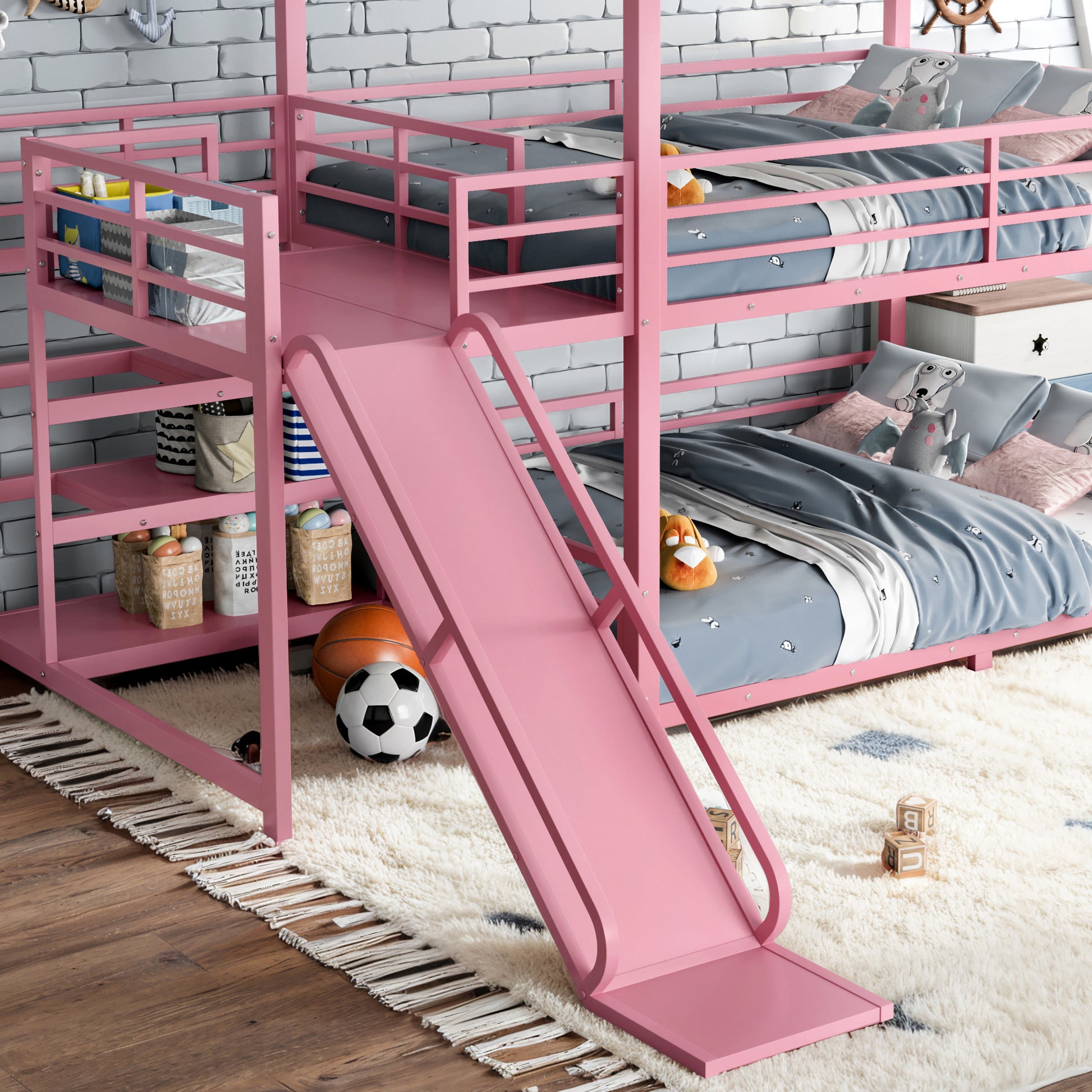 Full Metal House Bunk Bed with Storage Stairs, Slide, Safety Rails, Pink image 5