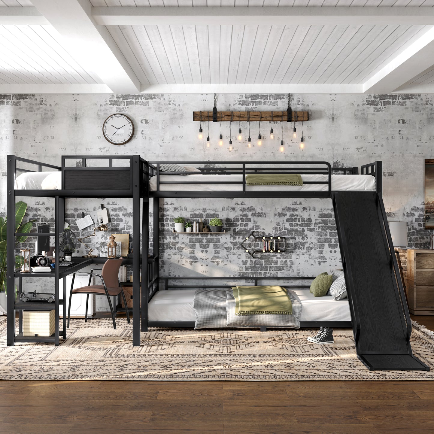 L-Shaped Metal Bunk Bed (Top bed:Full/FullXL, bottom bed: Queen) with Twin XL Loft Bed, Desk, and Storage Shelves,USB Charging Port Included - Metal Triple Bunk Bed with Slide,Black image 2