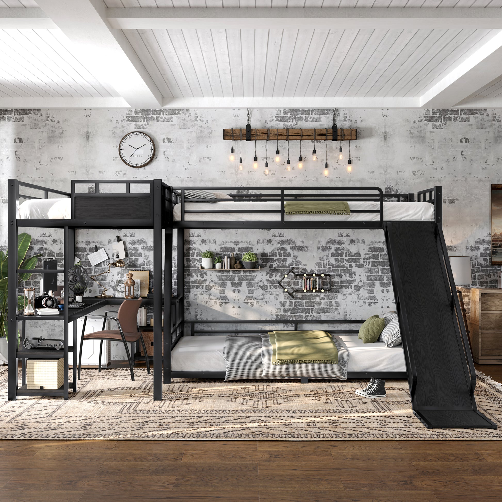 L-Shaped Metal Bunk Bed (Top bed:Full/FullXL, bottom bed: Queen) with Twin XL Loft Bed, Desk, and Storage Shelves,USB Charging Port Included - Metal Triple Bunk Bed with Slide,Black image 2