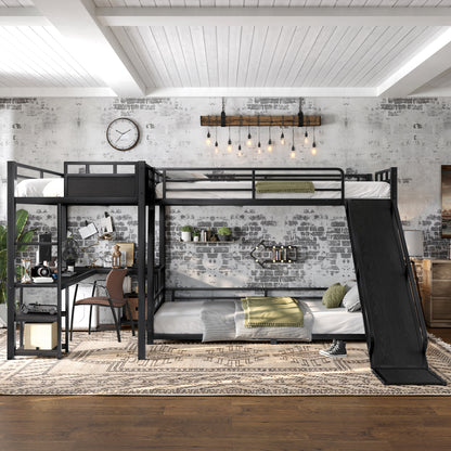 L-Shaped Metal Bunk Bed (Top bed:Full/FullXL, bottom bed: Queen) with Twin XL Loft Bed, Desk, and Storage Shelves,USB Charging Port Included - Metal Triple Bunk Bed with Slide,Black image 2