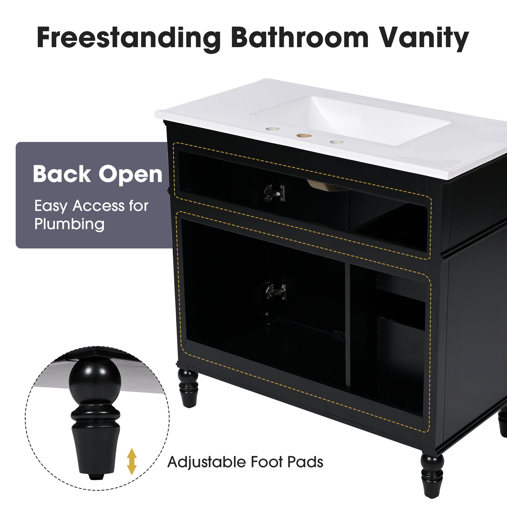 [Video] 36" Bathroom Vanity with Sink, Bathroom Cabinet with Drawers, Solid Frame and MDF Board, One Package, Black(same SKU: N725P195410B) image 8