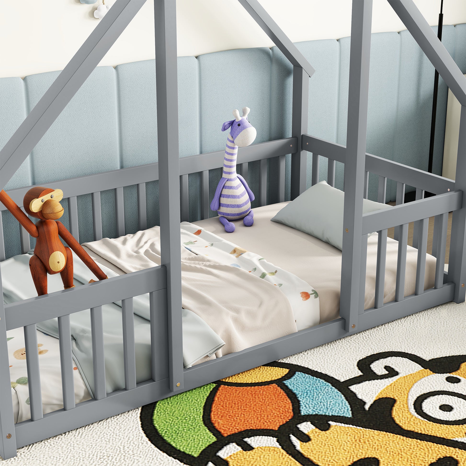 Twin Wood House-Shaped Floor Bed with Fence, Guardrails,Grey image 11