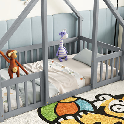 Twin Wood House-Shaped Floor Bed with Fence, Guardrails,Grey image 11