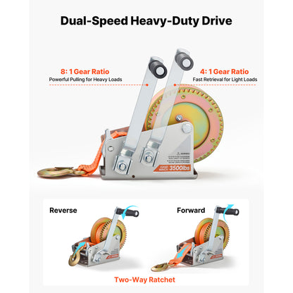 Boat Winch, 3500 lbs Hand Winch, Heavy Duty Manual Rope Crank with 20ft Orange Polyester Strap, Portable Two-Way Ratchet, 2 Speed Switchable, Anti-Slip Handle Gear for Boat Trailer ATV Towing image 6