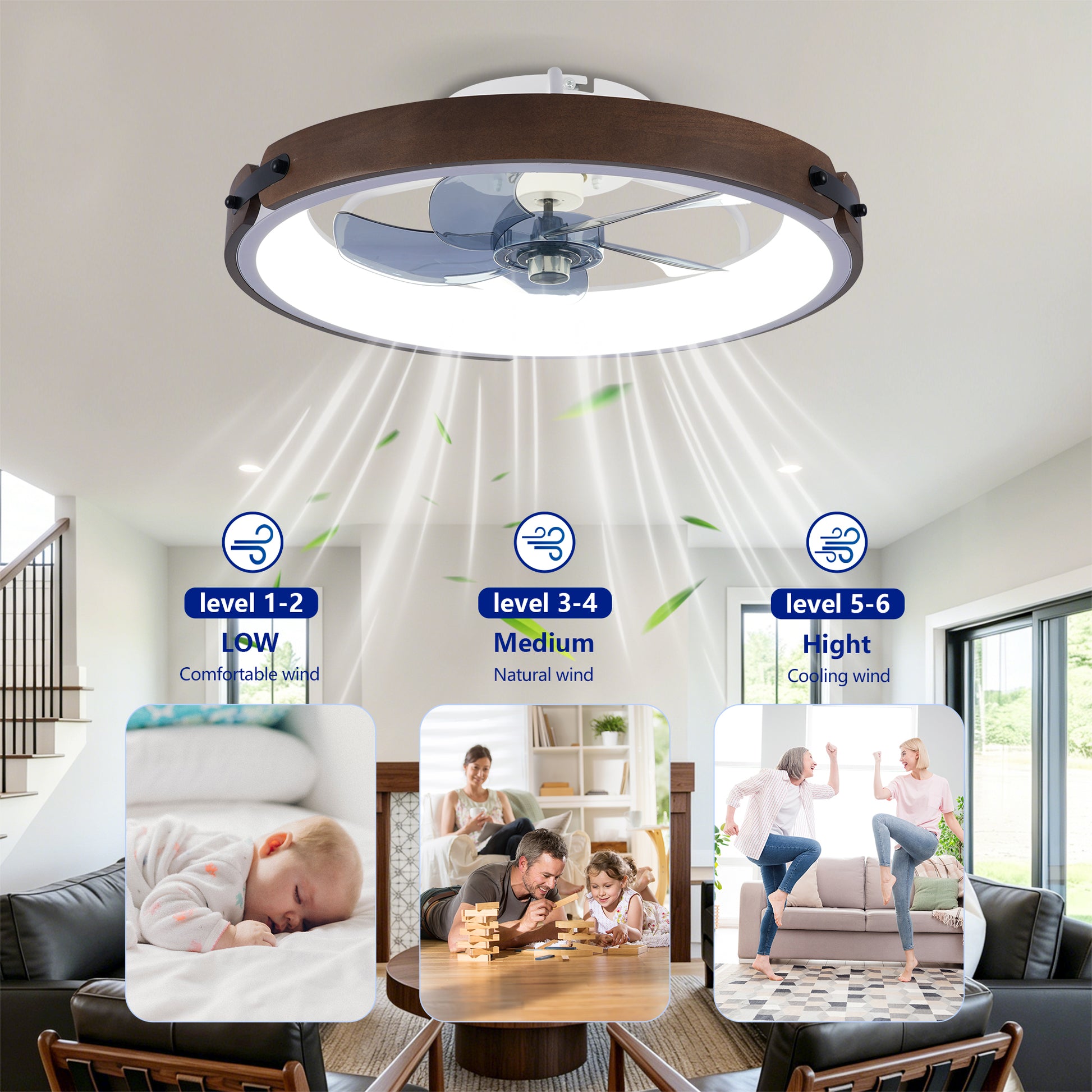 20" Ceiling Fans with Lights Kit (Led) and Remote Control, 3000-6500K Dimmable Modern Flush Mount LED Fan Light, 6 Speeds, Quiet DC Motor For Living room, Bedroom,Kitchen----Walnut+ Black image 11