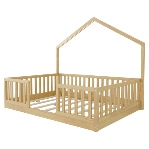Full Floor Bed with High Rails, Wooden Montessori Bed with Light for Kids, Boys and Girls,Natural(Old SKUW2593P440609 Expect Arrival Date 2026/6/30) image 8