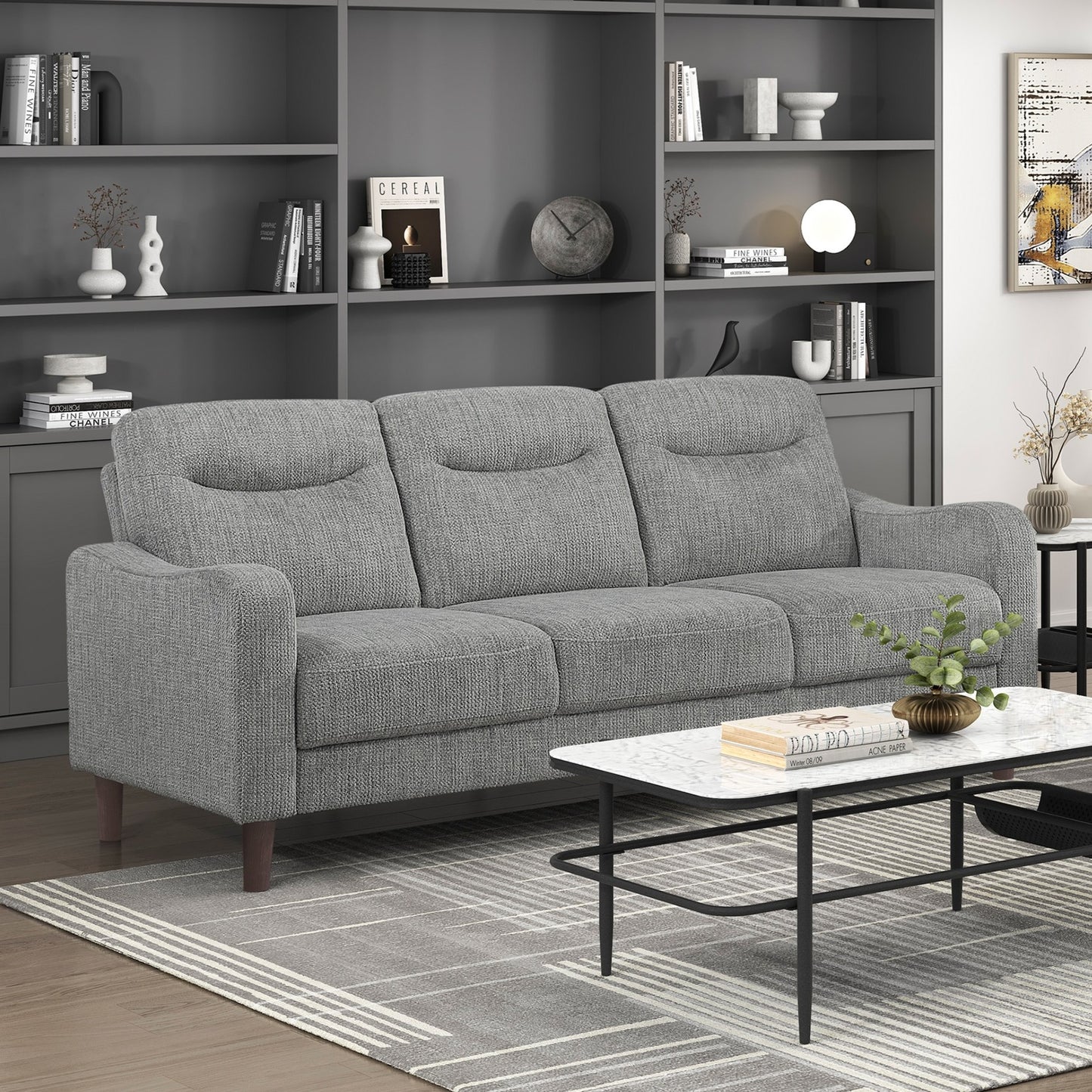 Modern Design 3-Seater Sofa Gray Chenille Upholstery Comfort Pocket Coils Classic Solidwood Frame Living Room Furniture 1pc image 1
