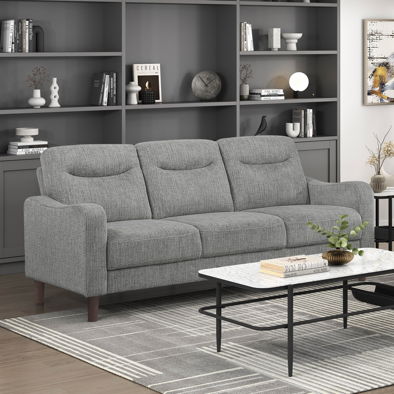 Modern Design 3-Seater Sofa Gray Chenille Upholstery Comfort Pocket Coils Classic Solidwood Frame Living Room Furniture 1pc image 1