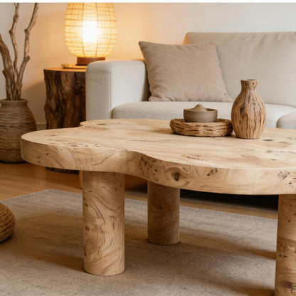 40'' Burl Cloud Coffee Table with 4 Round Legs, Low Profile Modern Coffee Table, Unique Irregular Center Table for Living Room, Apartment, Natural Color image 9