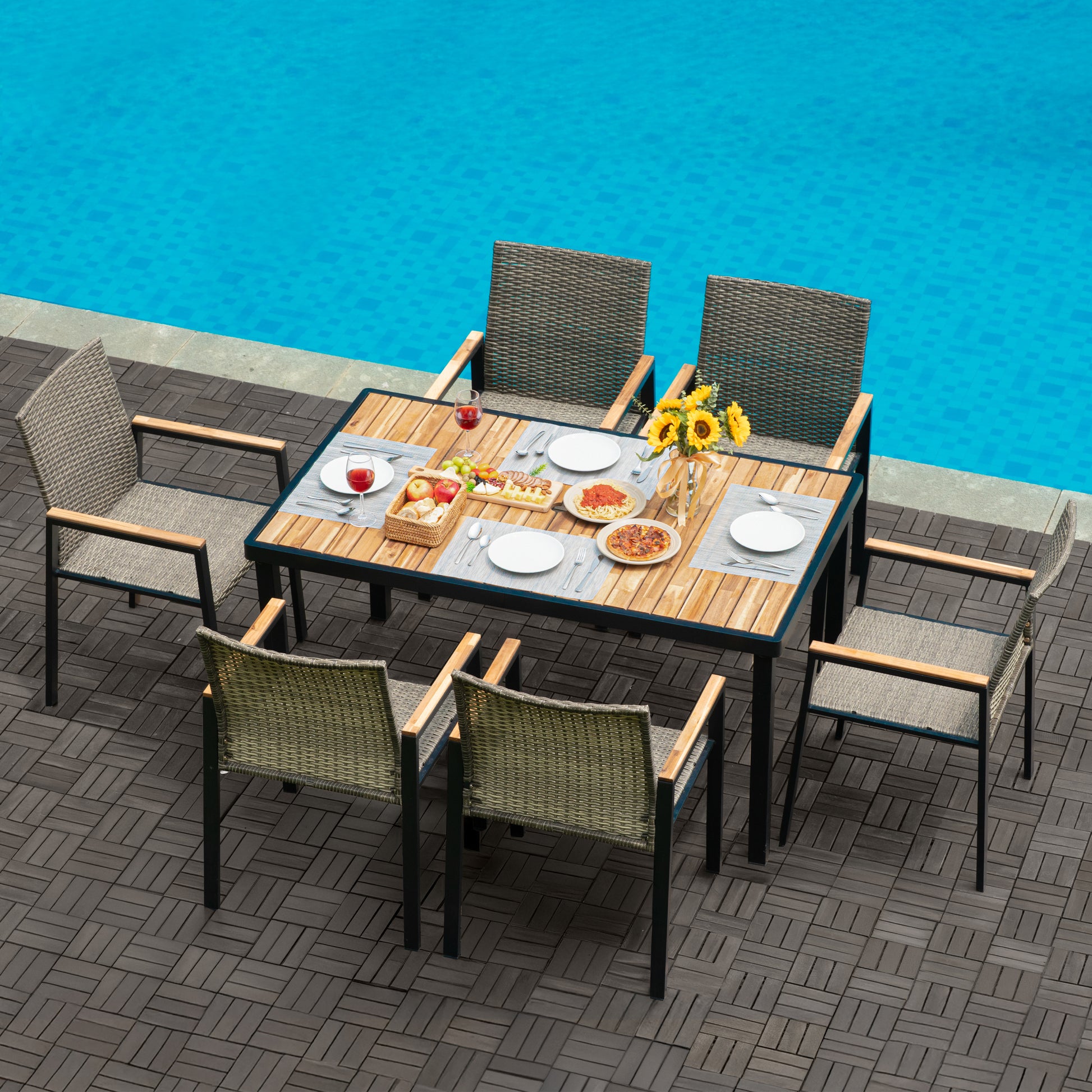 All Weather 7-Piece Patio Dining Table Sets, Patio Conversation Set Acacia Wood Table Top with Umbrella Hole, Rattan Outdoor, Brown Gray Color image 1
