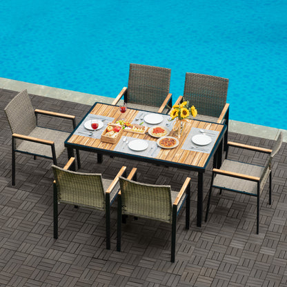 All Weather 7-Piece Patio Dining Table Sets, Patio Conversation Set Acacia Wood Table Top with Umbrella Hole, Rattan Outdoor, Brown Gray Color image 1