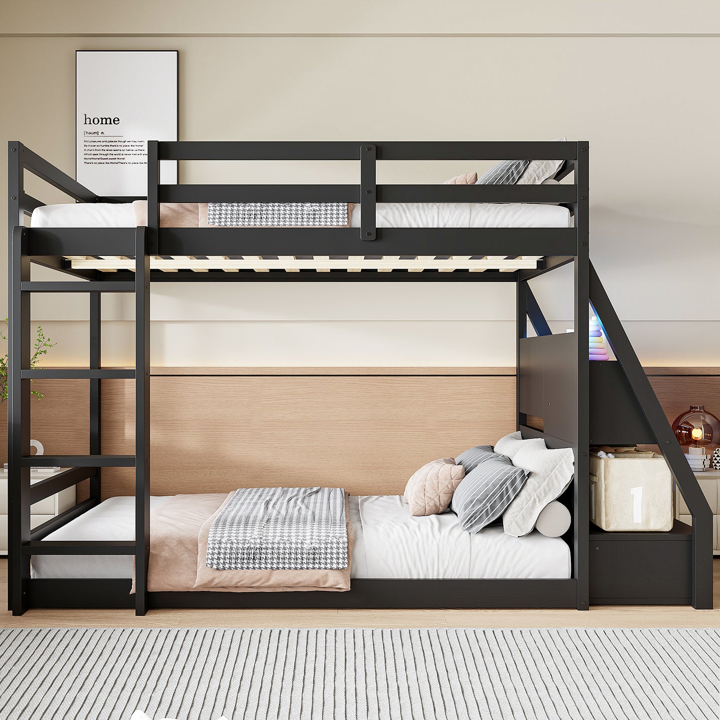 Full Bunk Bed with APP-Controlled LED Lights (7 Colors), USB Ports, Storage Shelves and 2 Drawers, Black image 2