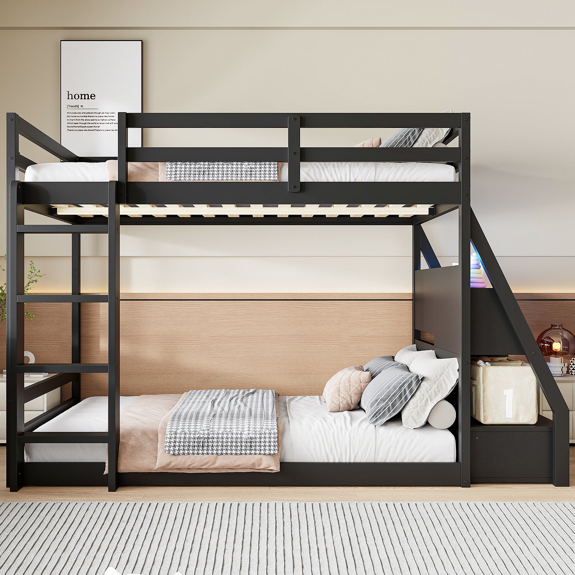 Full Bunk Bed with APP-Controlled LED Lights (7 Colors), USB Ports, Storage Shelves and 2 Drawers, Black image 2