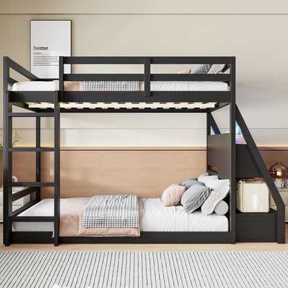 Full Bunk Bed with APP-Controlled LED Lights (7 Colors), USB Ports, Storage Shelves and 2 Drawers, Black image 2
