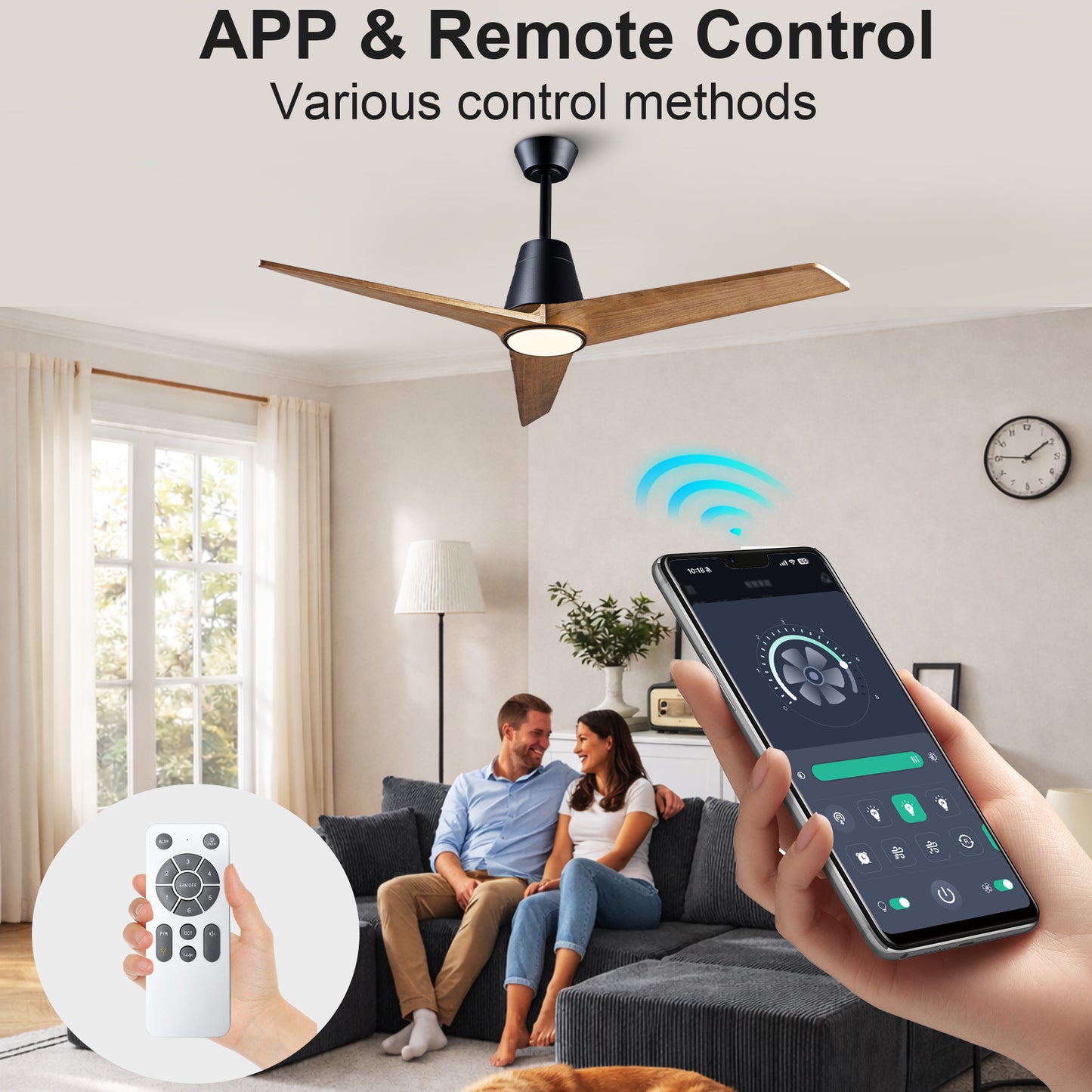 52 inch Decorative Ceiling Fan with Lights,3 Solid Wood Blade, Remote Control, 3CCT Dimmable LED, Timer, 6-Speed Reversible Motor Use for Living Room or Patio image 2