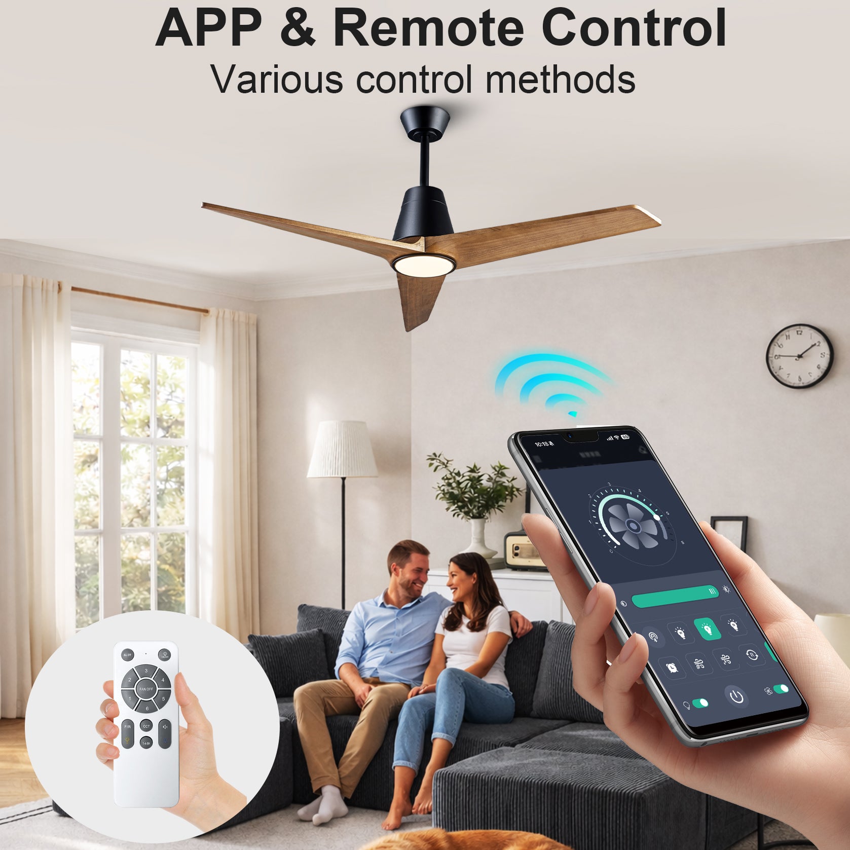 52 inch Decorative Ceiling Fan with Lights,3 Solid Wood Blade, Remote Control, 3CCT Dimmable LED, Timer, 6-Speed Reversible Motor Use for Living Room or Patio image 2