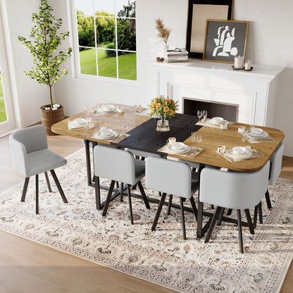 9-Piece Square Dining Table Set, Fixed Two-Tone Wood Grain & Black Wood Grain Triamine Tabletop with 8 Gray PU Leather Chairs, Modern Kitchen Table Set for 8 People, Ideal for Family Gatherings image 1