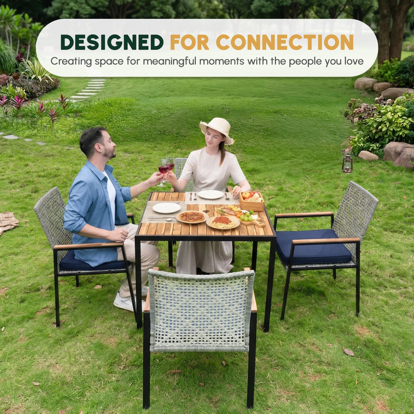 All Weather 5-Piece Patio Dining Table Sets, Patio Conversation Set Acacia Wood Table Top with Umbrella Hole, Rattan Outdoor, Light Gray Color image 7