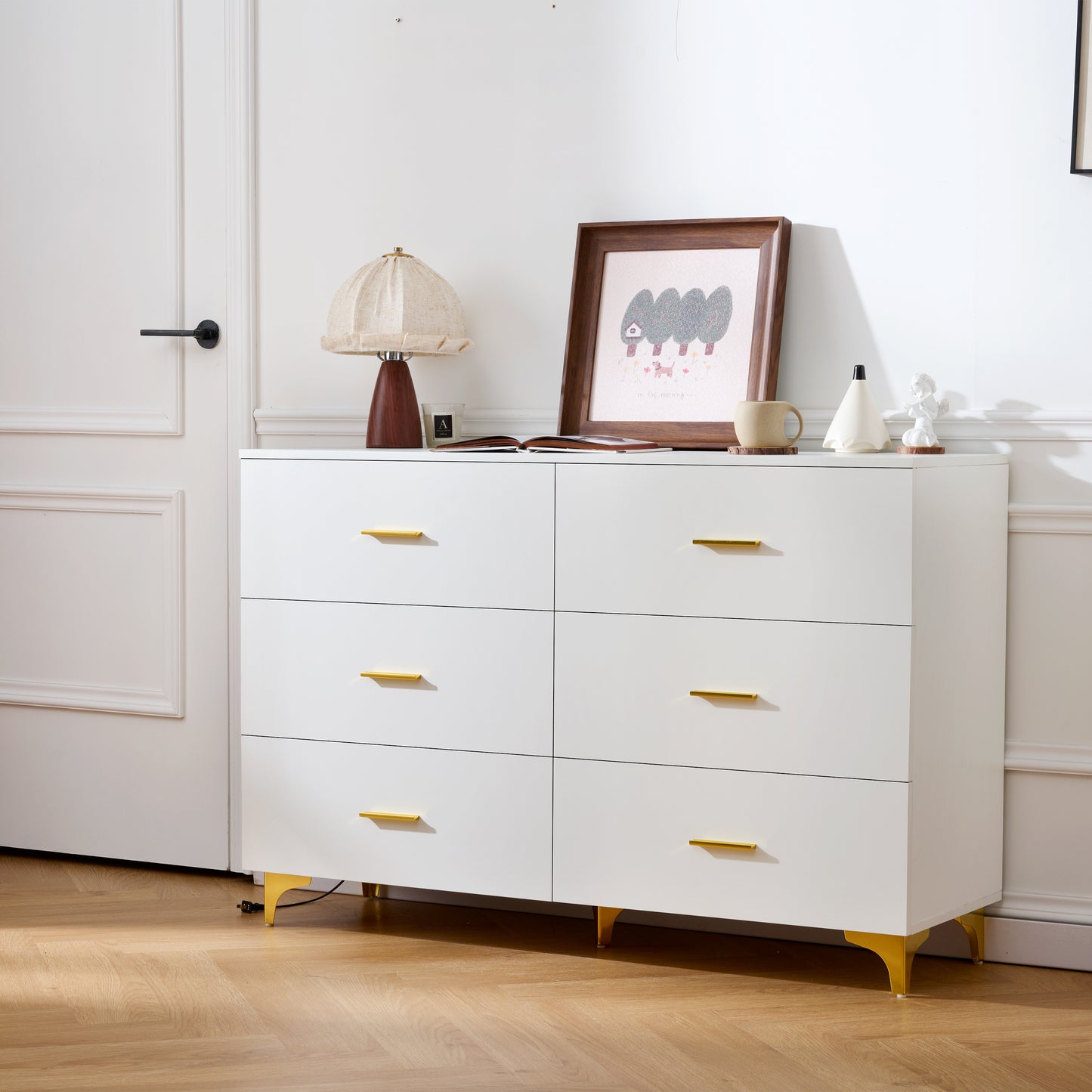 White 6 Drawer Dresser with Gold Handles & Metal Legs, Deep Storage Space, Modern Chest of Drawers, Wooden Dresser Tv Stand for TV Stand,Living Room, Hallway, Entryway image 9