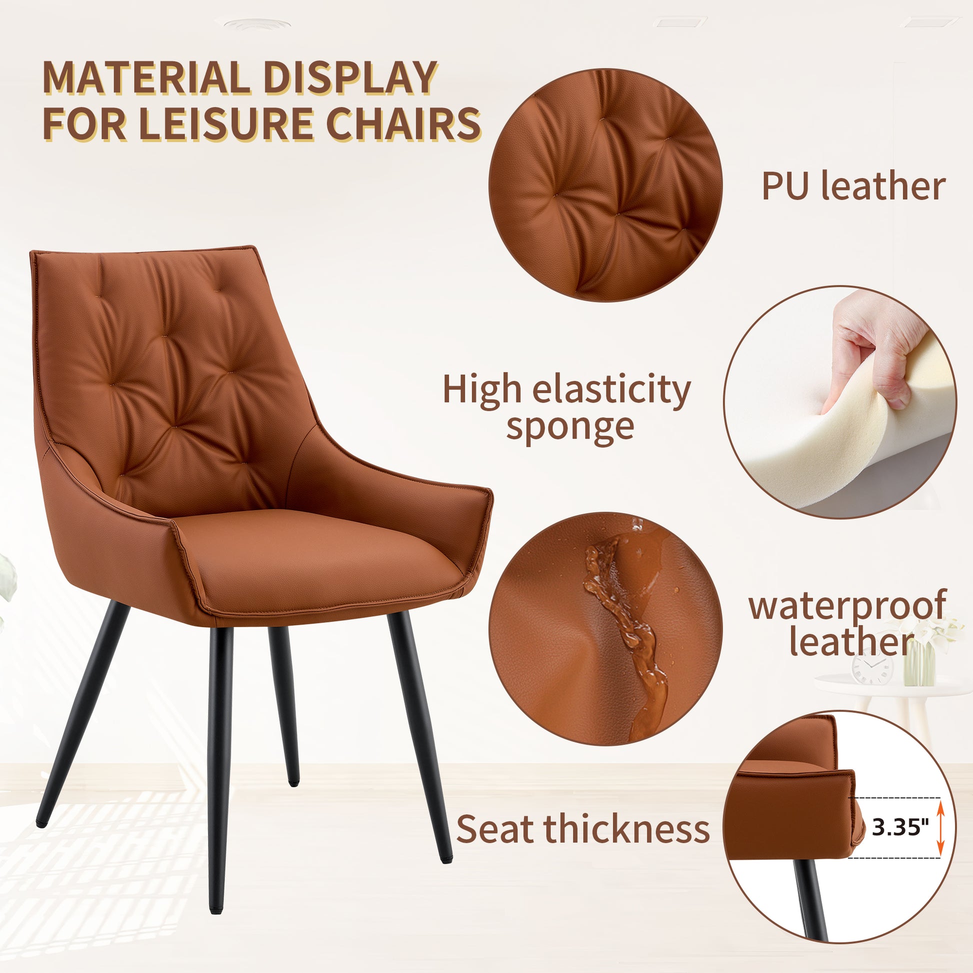 Dining Chairs Set of 2, Camel Faux Leather Dining Room Chair, Metal Kitchen Chairs with Gold Mesh Texture and Black Sanded Legs, Flat Back Upholstered Chair (Camel, Set of 2) image 3
