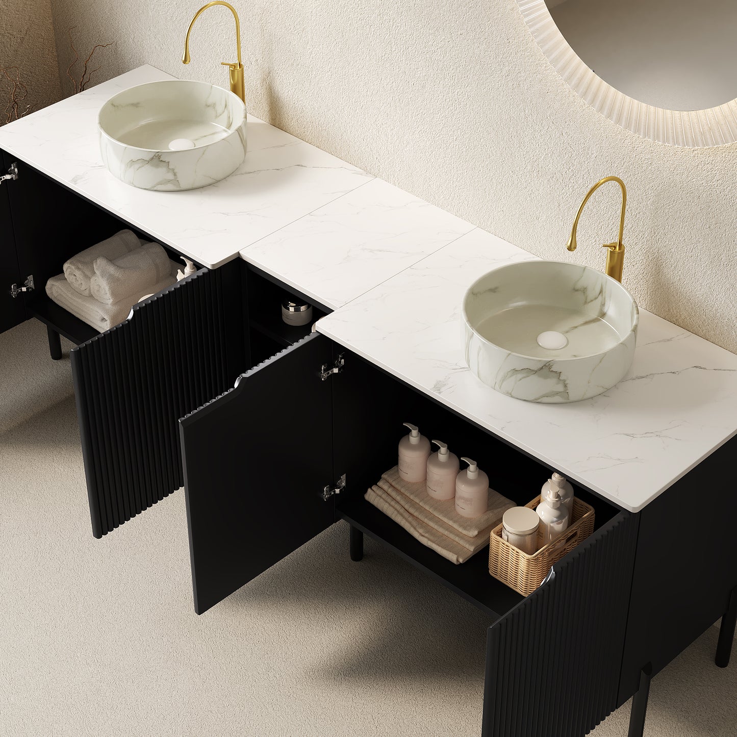 TURIO 72" Freestanding Double Bathroom Vanity with Sinks, 2x30" Striped Storage Cabinets + 12" Removable Open Shelf, 2 White Round Stone Pattern Vessel Basins with Carrara White Countertop, Black image 2
