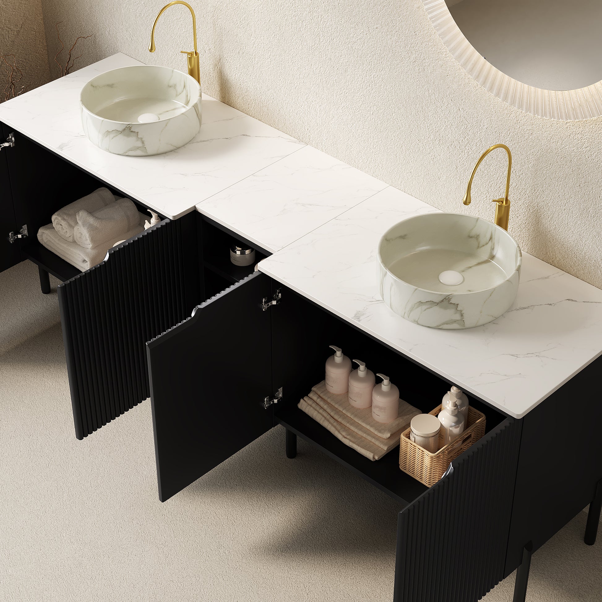 TURIO 72" Freestanding Double Bathroom Vanity with Sinks, 2x30" Striped Storage Cabinets + 12" Removable Open Shelf, 2 White Round Stone Pattern Vessel Basins with Carrara White Countertop, Black image 2