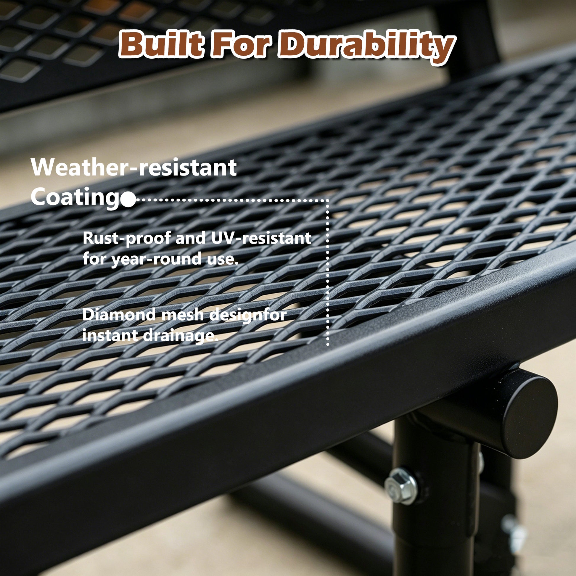 72" Heavy Duty Metal Picnic Bench for 3-4 Adults, Outdoor Dining Table with 882LBS Capacity, Galvanized Steel Rustproof Frame, Diamond Mesh Top – For Garden, Patio, Park, School, Commercial image 4