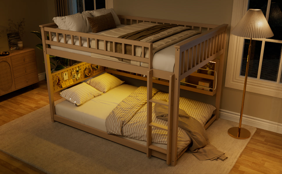 Full over Full Bunk Bed with Integrated Shelving, Color-Changing Lights and Pegboard, Beige image 6