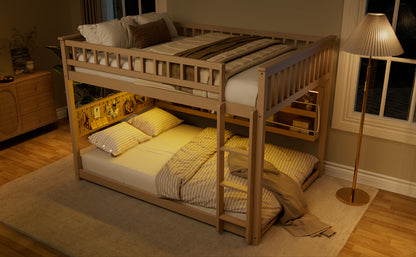 Full over Full Bunk Bed with Integrated Shelving, Color-Changing Lights and Pegboard, Beige image 6
