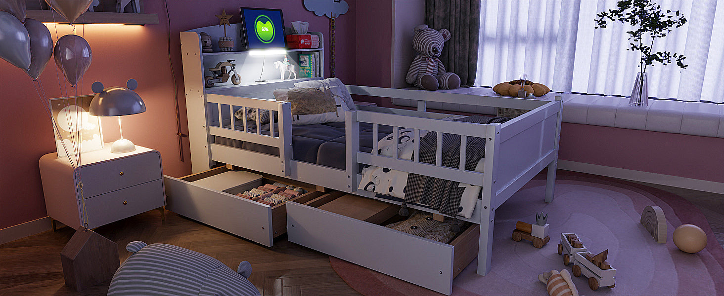 Wood Twin Size Platform Bed with Built-in LED Light, Multi-functional Headboard, Guardrail and 2 Drawers, White image 7
