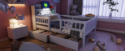 Wood Twin Size Platform Bed with Built-in LED Light, Multi-functional Headboard, Guardrail and 2 Drawers, White image 7