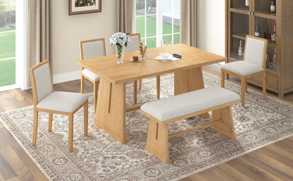 TREXM 6-Piece Rustic Farmhouse Dining Table Set with Wire Brushed Design, Rectangular Dining Table with Trapezoid Legs, 4 Upholstered Linen Chairs & 1 Padded Bench for Dining Room & Kitchen (Natural) image 3