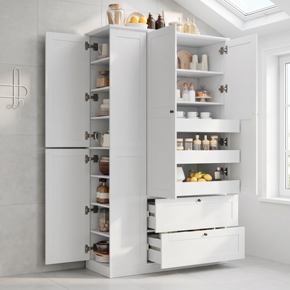 TOPMAX 73.6" Tall Farmhouse Kitchen Pantry Cabinet with 8 Shelves, 2 Drawers, 3 Pull-Out Trays, 4 Doors and Side Cabinets for Kitchen & Dining Room, White image 2