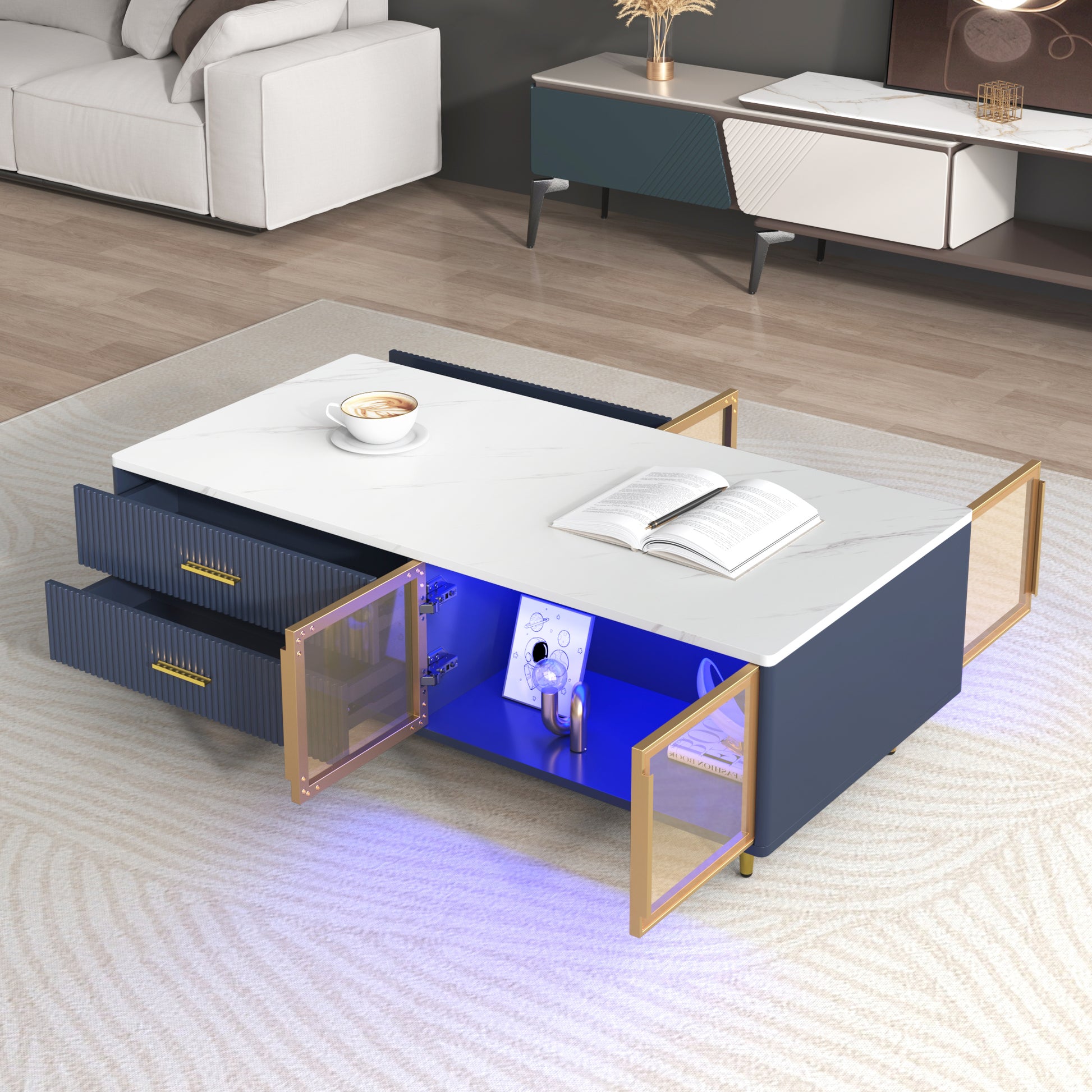 Modern Navy Blue Coffee Table with 2 Glass Door Storage, 4 Drawers, Gold Metal Legs, and Multi-Color Lighting in 47.2'' image 3