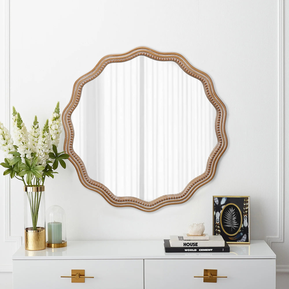 Elegant 23.62-Inch Round Wavy Wall Mirror - Wood Framed Decor