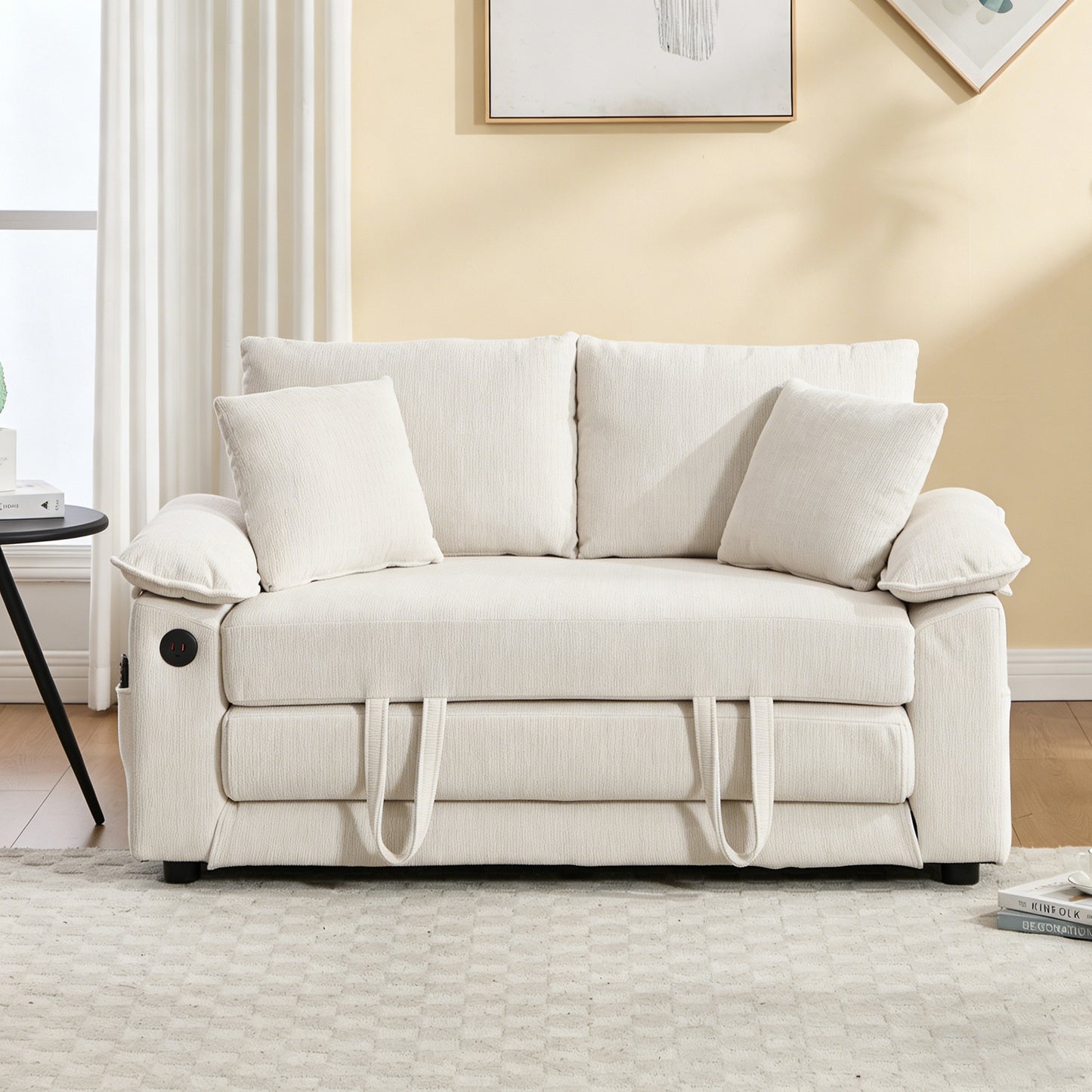 58 inch 3-in-1 Upholstered Futon Sofa Convertible Floor Sofa bed,Foldable Tufted Loveseat with Pull Out Sleeper Couch Bed,Folding Mattres Love Seat Daybed W/Side Pockets for Living Room White image 2