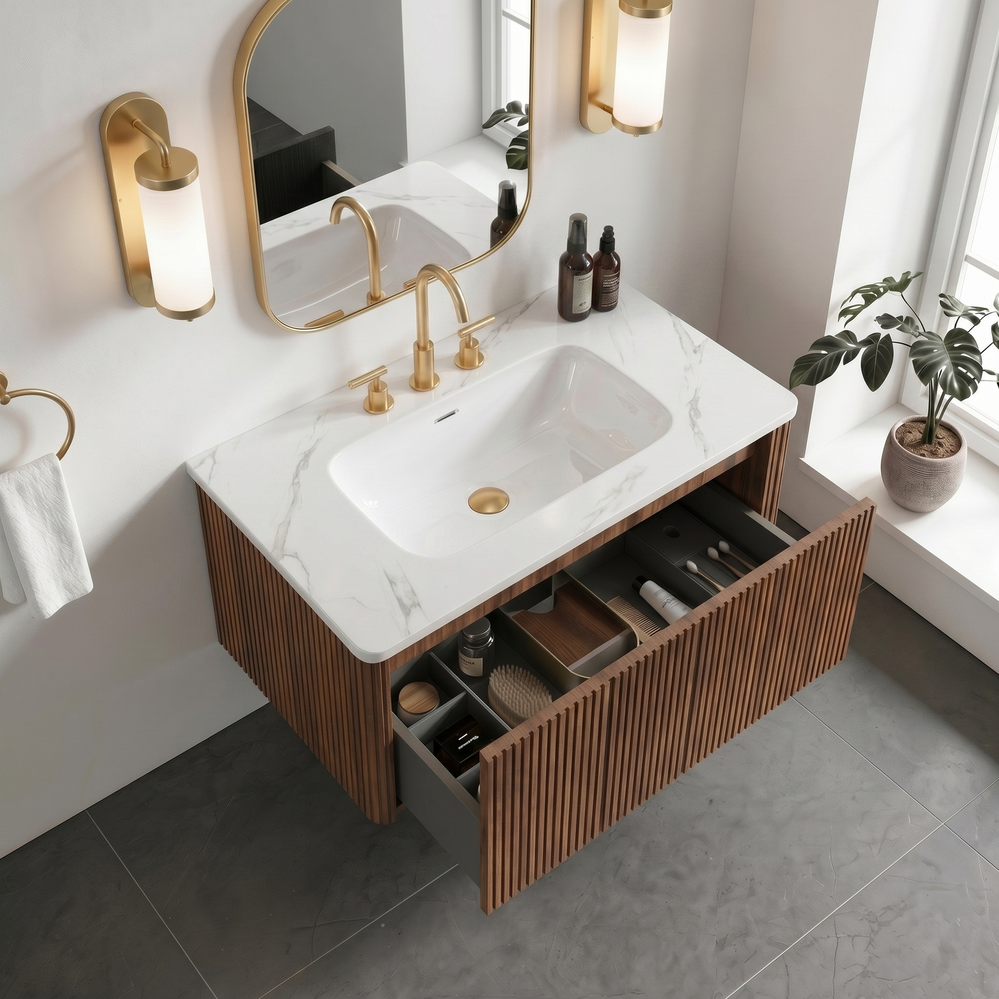 Etna 36" Striped Walnut Bathroom Vanity with Carrara White Ceramic Sink, Wall Mounted Floating Bathroom Vanity for Modern Bathroom, KD image 2