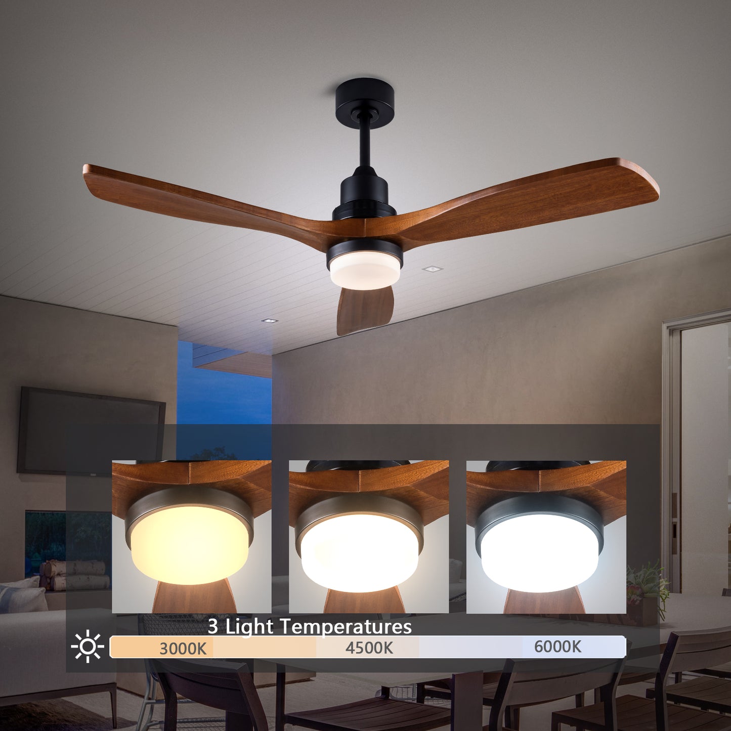 52 inch Ceiling Fan with Lights and Remote Control, Reversible, 3 Wood Blades, 6 Speeds, 3CCT Dimmable, Noiseless, Indoor/Outdoor Black Walnut Ceiling Fan for Bedroom Living Room Gazebo Patio image 3