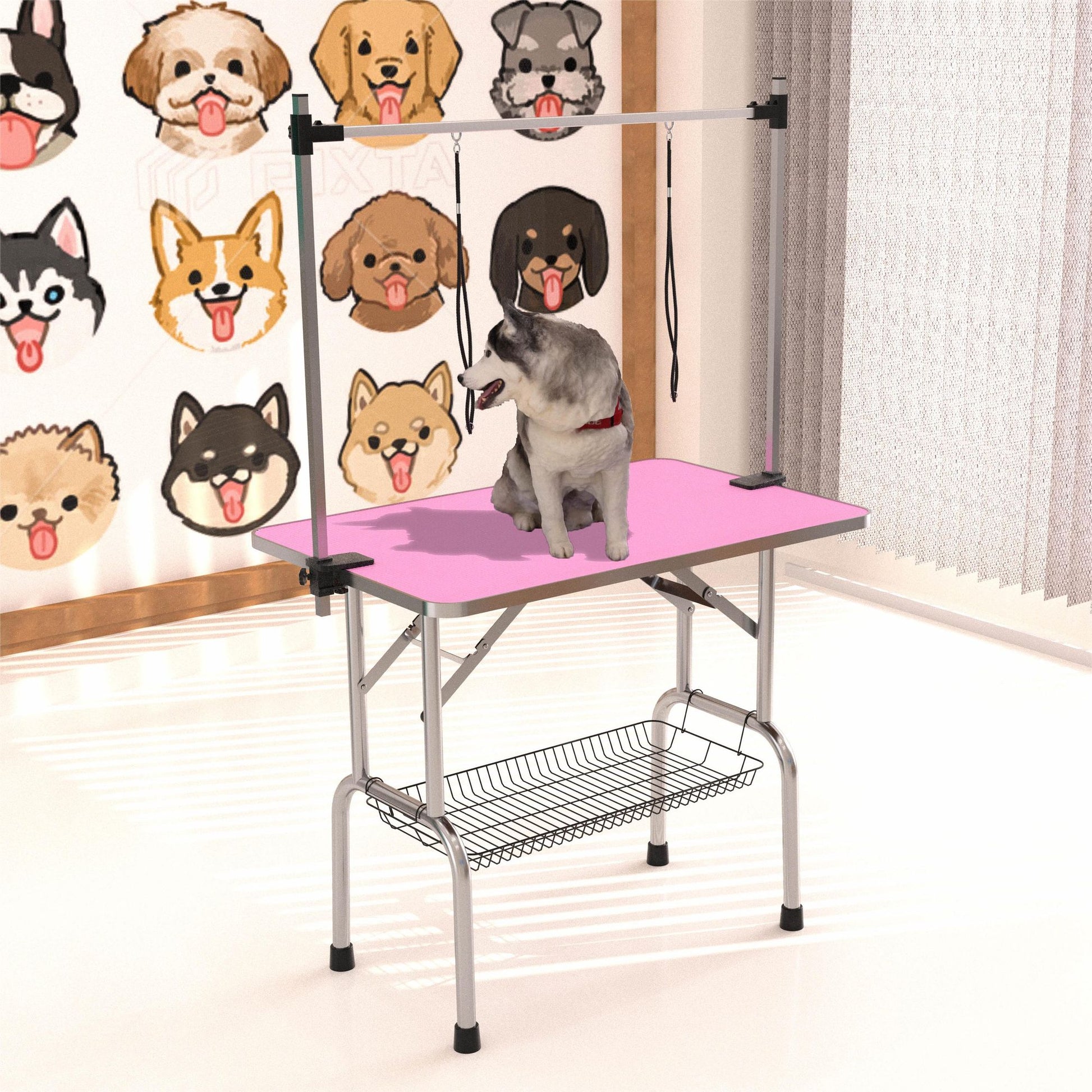 46" Folding Dog Pet Grooming Table Stainless Steel Frame Rubber Mat on Board with Adjustable Arm and Clamps pet dog Cat  image 1