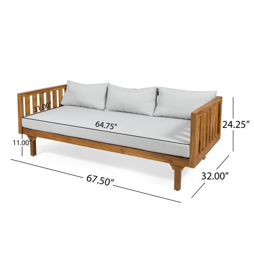 Acacia Wood Patio Furniture Set,Outdoor 3 Seater Daybed(with Water Resistant Thick Cushions)and Round Coffee Table, Light Gray Cushion image 2