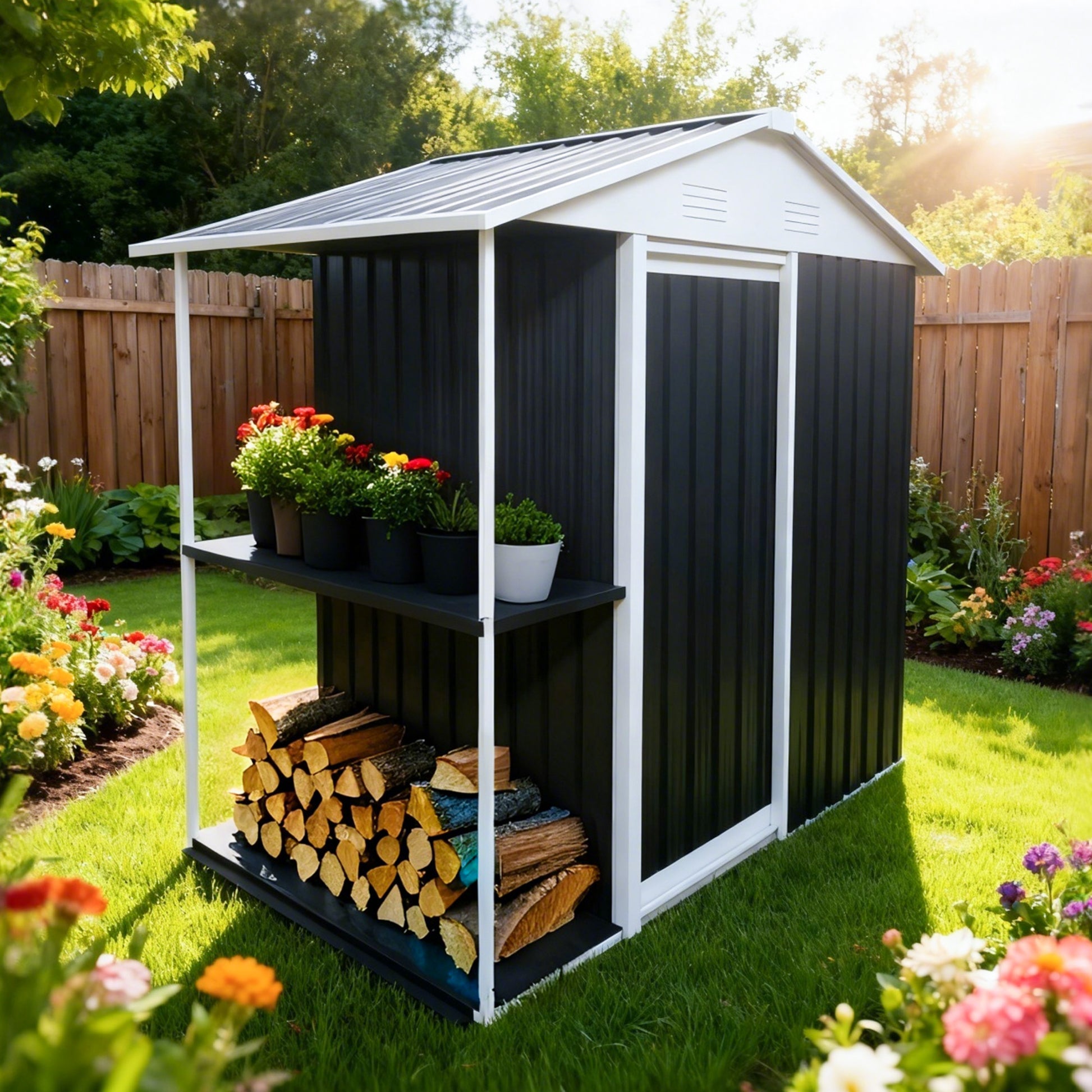 6 x 4 FT Outdoor Storage Shed with Rack Metal Garden Shed with Storage Shelves Bike Storage Tool Cabinet Box for Lawn Backyard Patio Use image 3