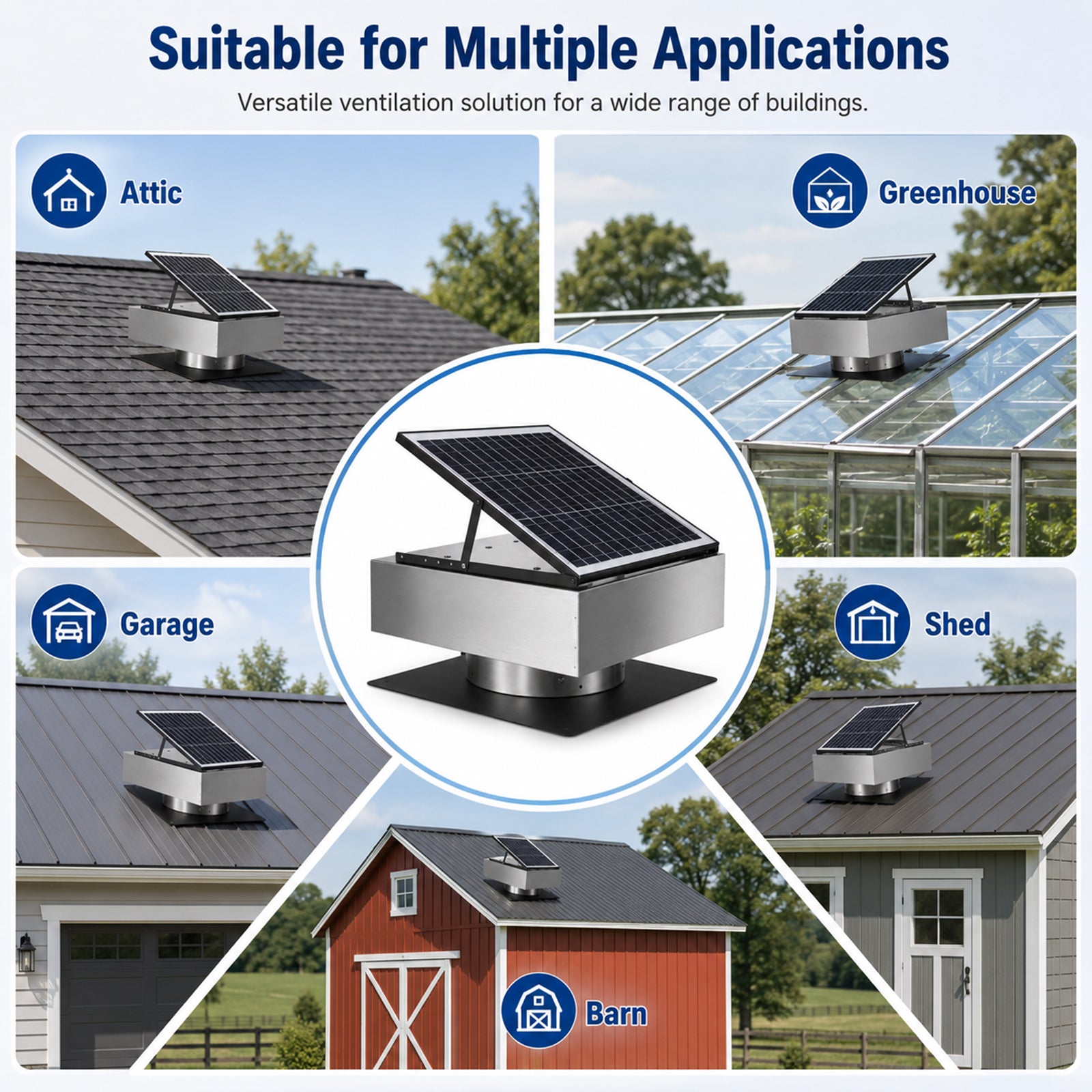 12" Stainless Steel Solar Roof Vent Fan,40W Tilt Adjustable Solar Panel,Dual Power 3-Speed Remote Attic Fan,1200 CFM,MPPT Controller Solar Ventilator for Attic,Garage,Greenhouse,Warehouse image 8