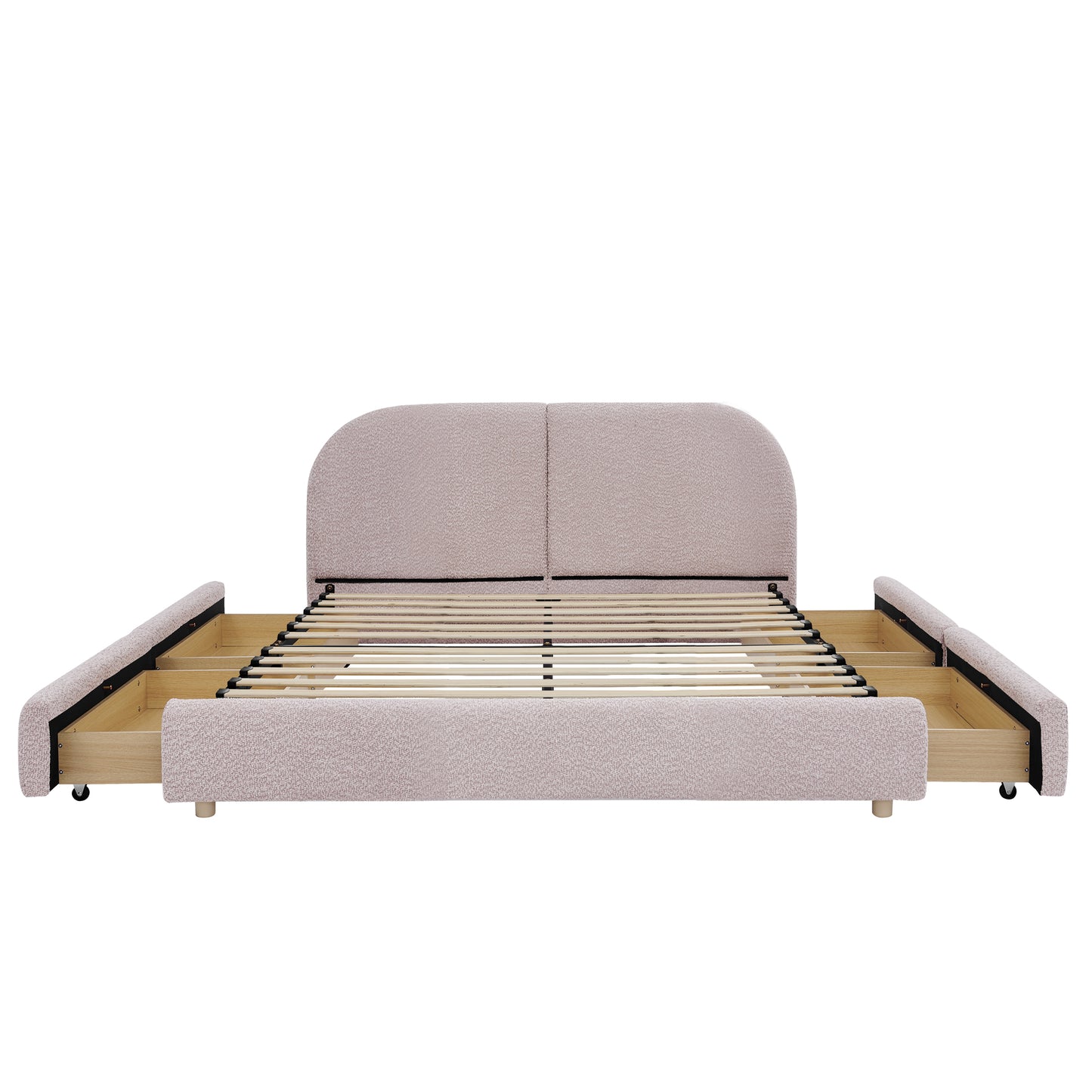 Queen Size Upholstered Bed Frame Modern Minimalist Style - Circle Yarn Fabric, Tall Curved Headboard, Sturdy Leg Support & Wheeled Drawer Storage, Mattress Not Included -Pink image 10