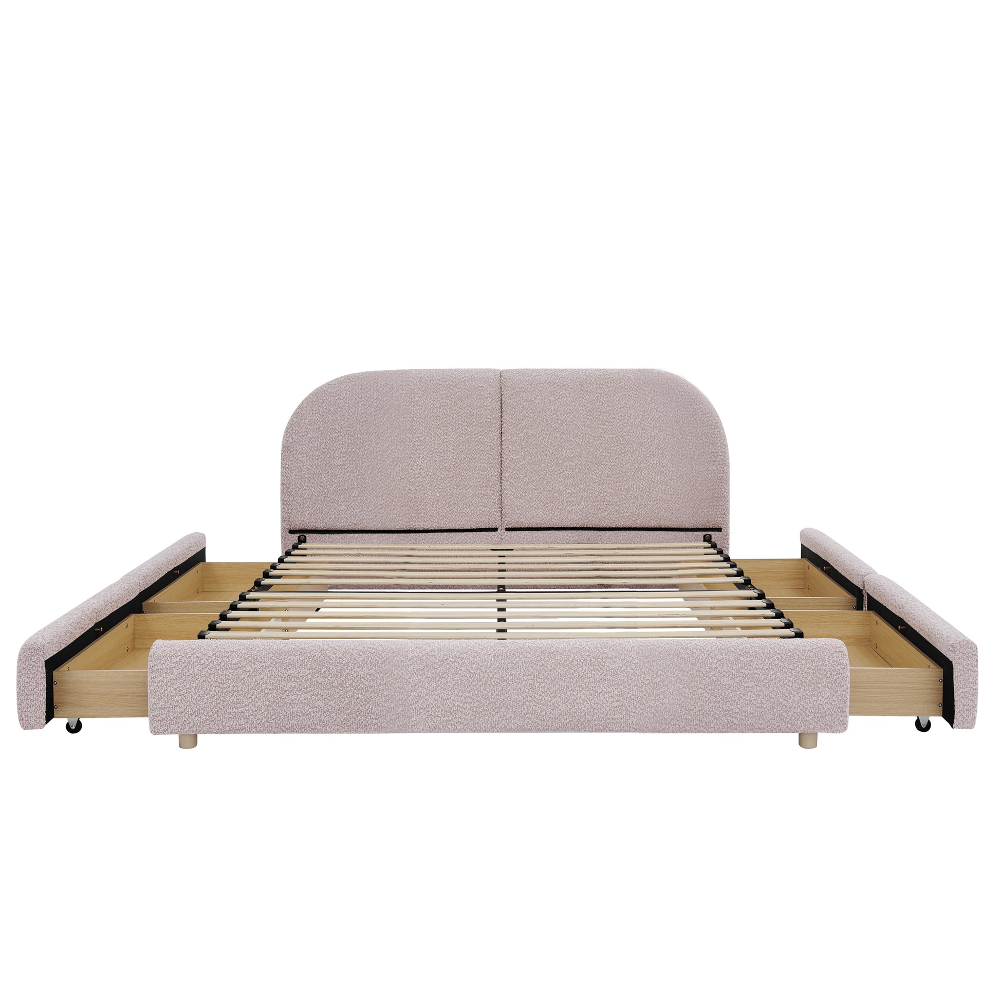 Queen Size Upholstered Bed Frame Modern Minimalist Style - Circle Yarn Fabric, Tall Curved Headboard, Sturdy Leg Support & Wheeled Drawer Storage, Mattress Not Included -Pink image 10