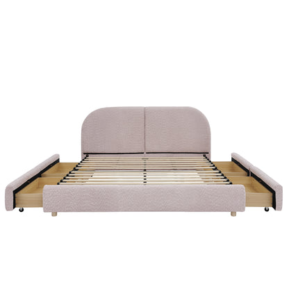 Queen Size Upholstered Bed Frame Modern Minimalist Style - Circle Yarn Fabric, Tall Curved Headboard, Sturdy Leg Support & Wheeled Drawer Storage, Mattress Not Included -Pink image 10