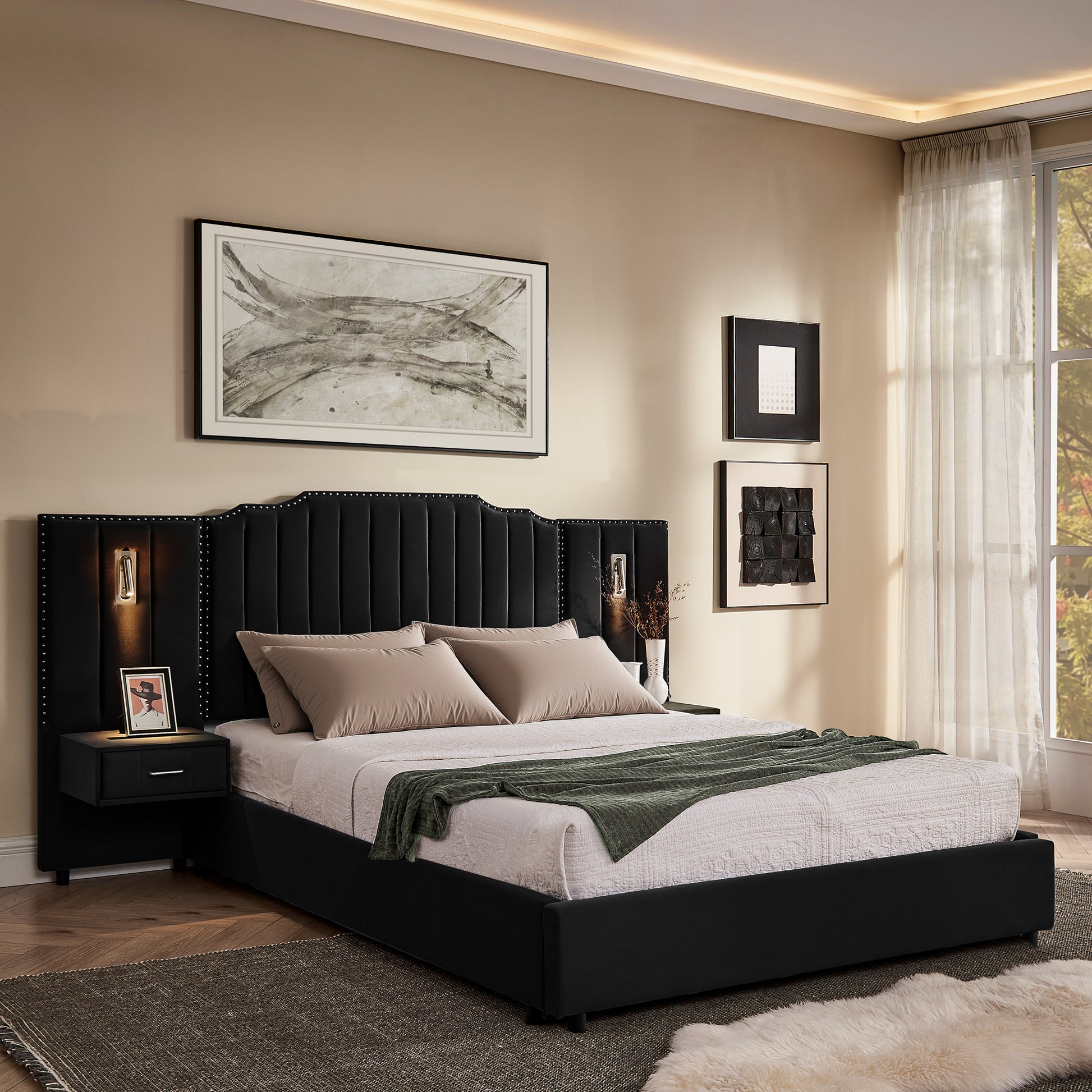 Queen Size Upholstered Bed Frame with Velvet Fabric, Vertical Stripe Design with Buttons Around Platform Bed with Headboard, Solid Frame & Bedside Table - No Box Spring Needed-Black image 1